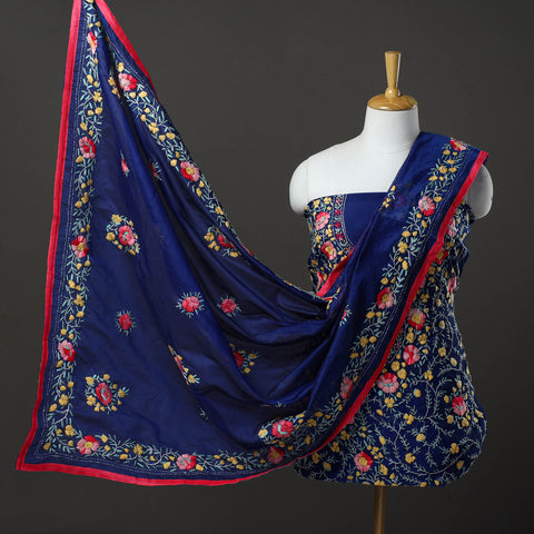 Blue - 3pc Hand Embroidery Chanderi Silk Phulkari Dress Material 91