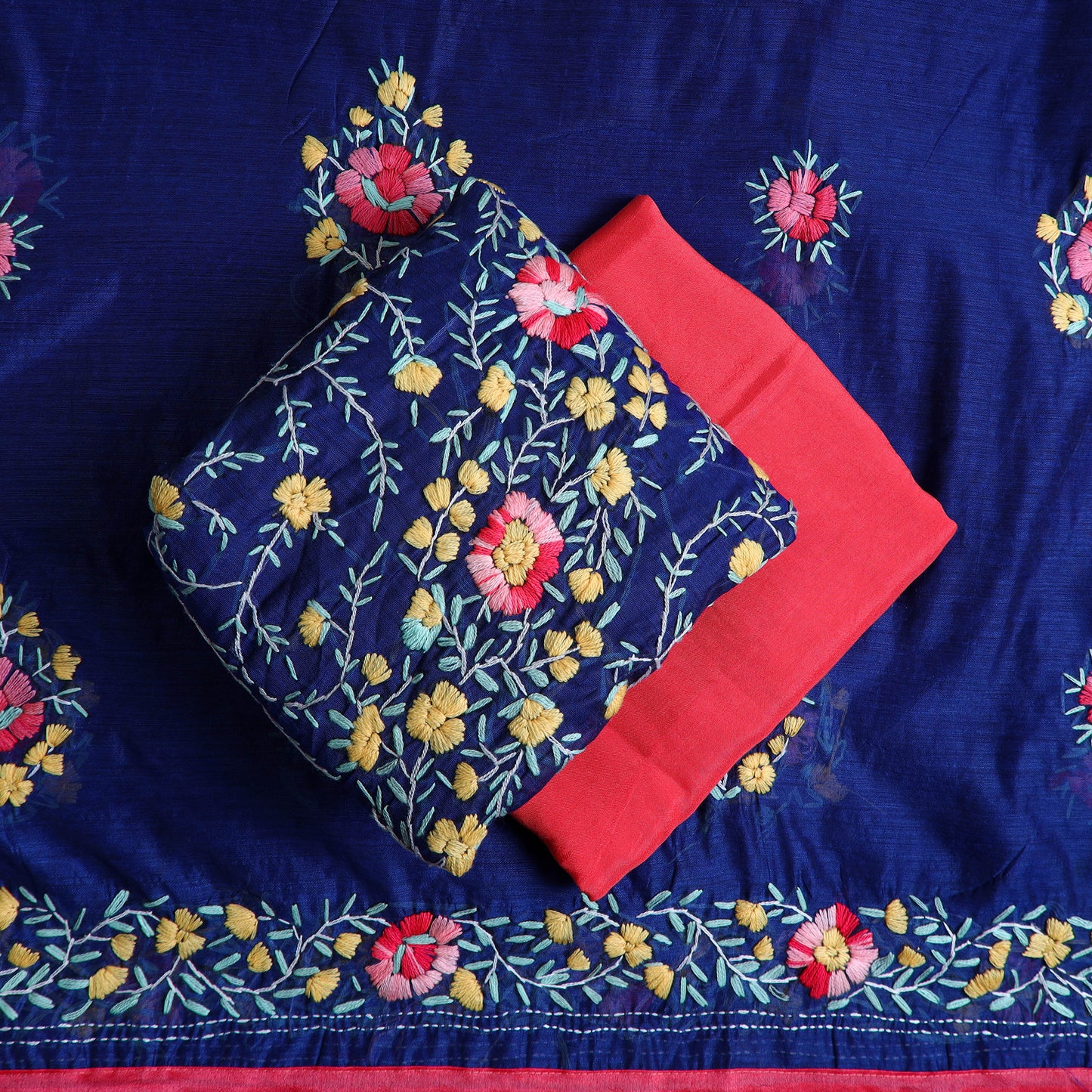 Blue - 3pc Hand Embroidery Chanderi Silk Phulkari Dress Material 91