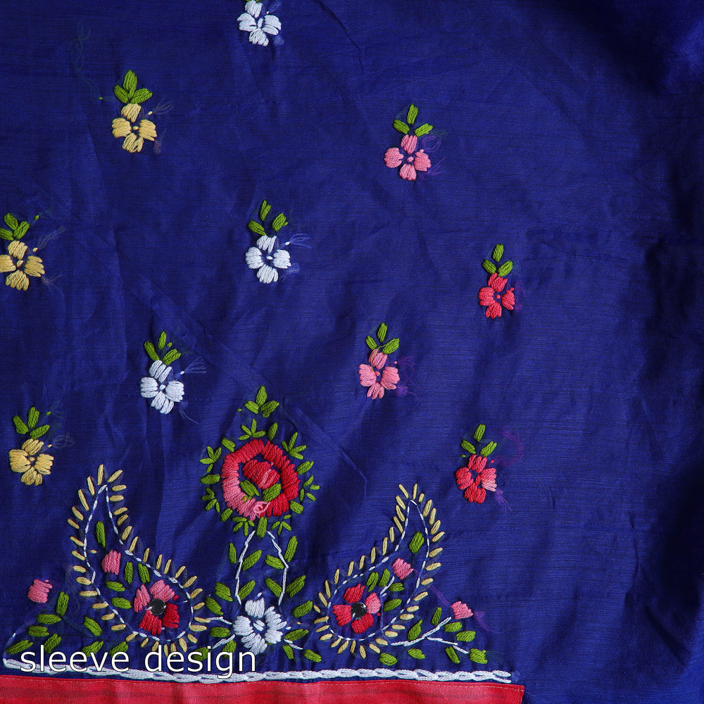 Blue - 3pc Hand Embroidery Chanderi Silk Phulkari Dress Material 92