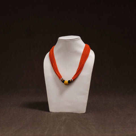 Orange - Bead Work Handmade Baiga Tribal Moonga Dana Necklace 21