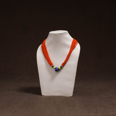 Orange - Bead Work Handmade Baiga Tribal Moonga Dana Necklace 24