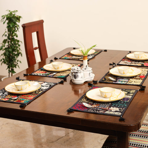 Black - khambadiya patchwork cotton table mats (set of 6)