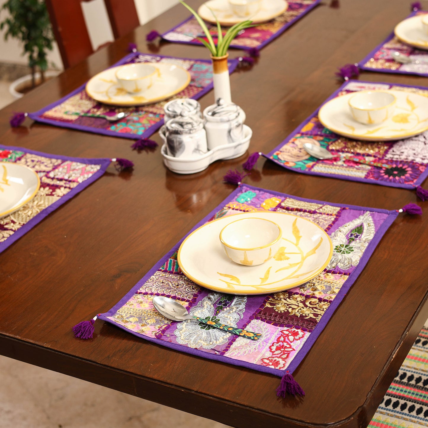 Purple - khambadiya patchwork cotton table mats (set of 6)