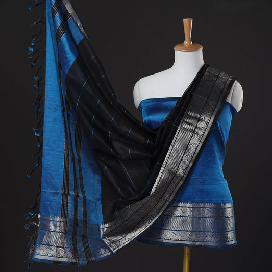 Blue - 3pc Mangalagiri Handloom Pattu Silk Suit Material Set with Kanchi Border