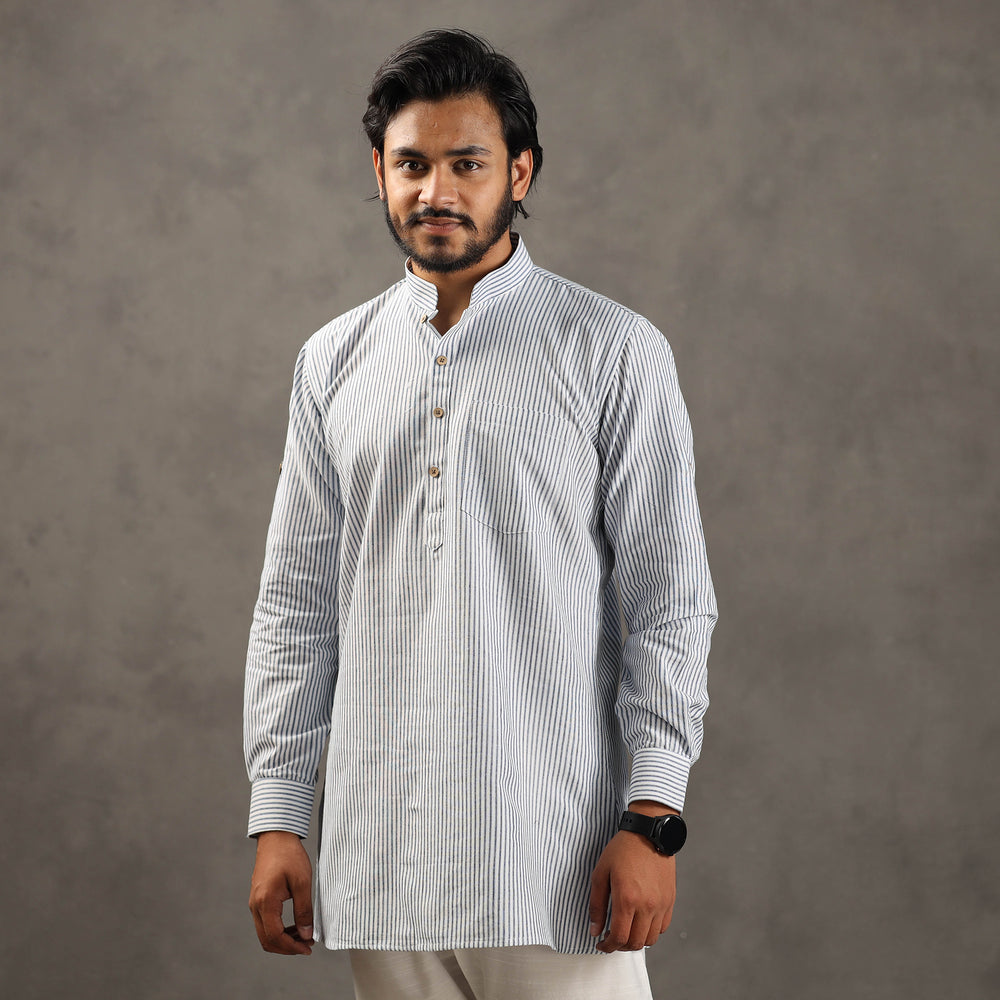 White & Blue - Handloom Cotton Stripe Men Short Kurta