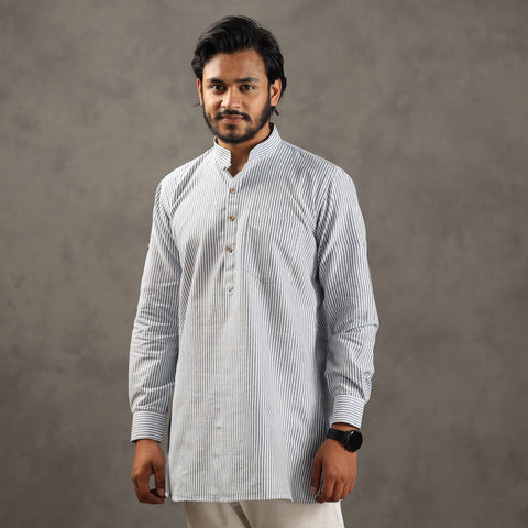 White & Blue - Handloom Cotton Stripe Men Short Kurta