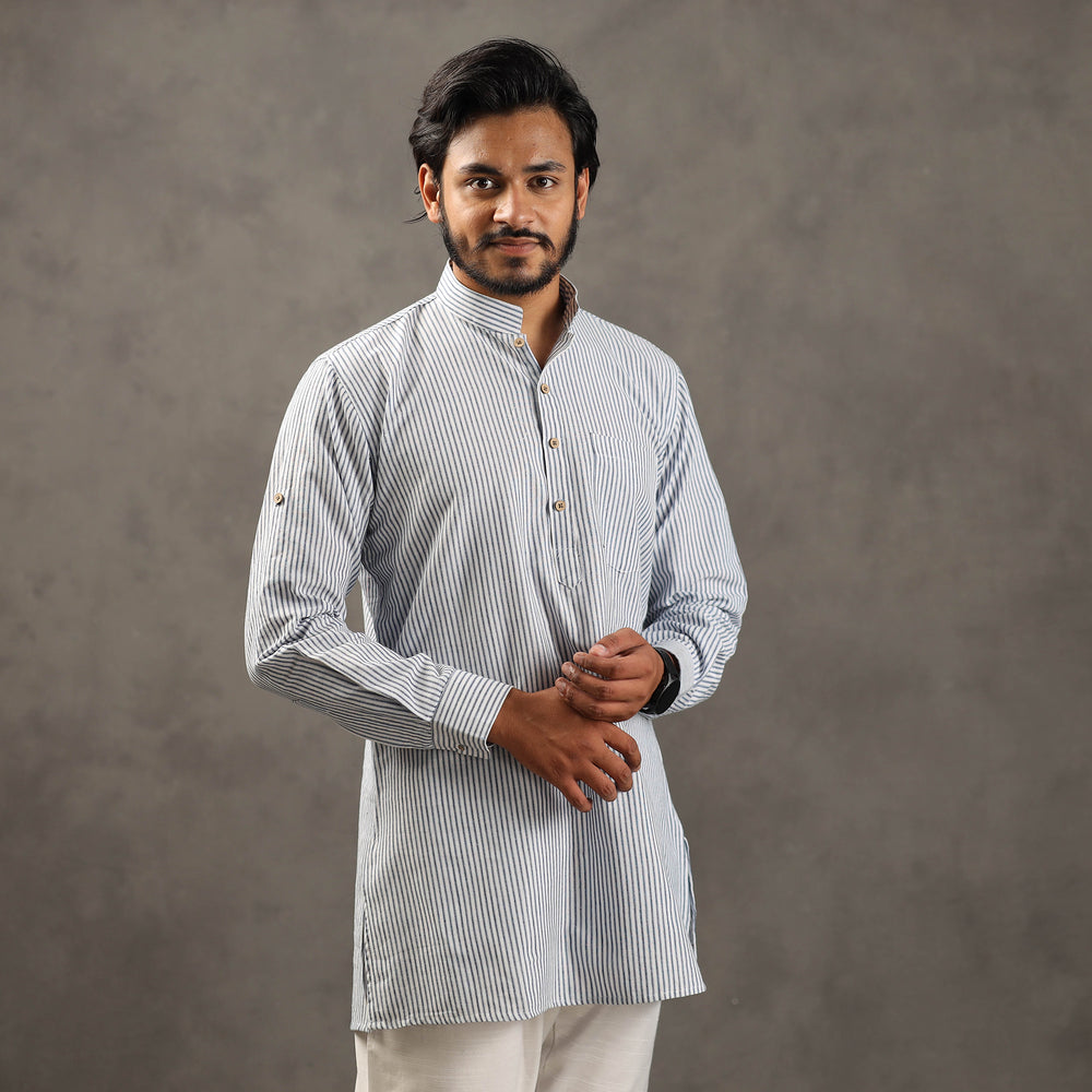 White & Blue - Handloom Cotton Stripe Men Short Kurta