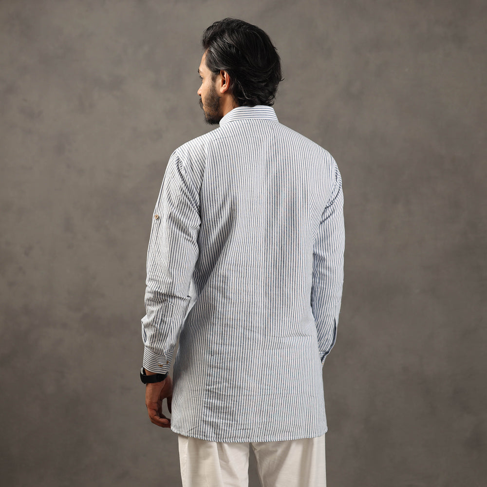 White & Blue - Handloom Cotton Stripe Men Short Kurta