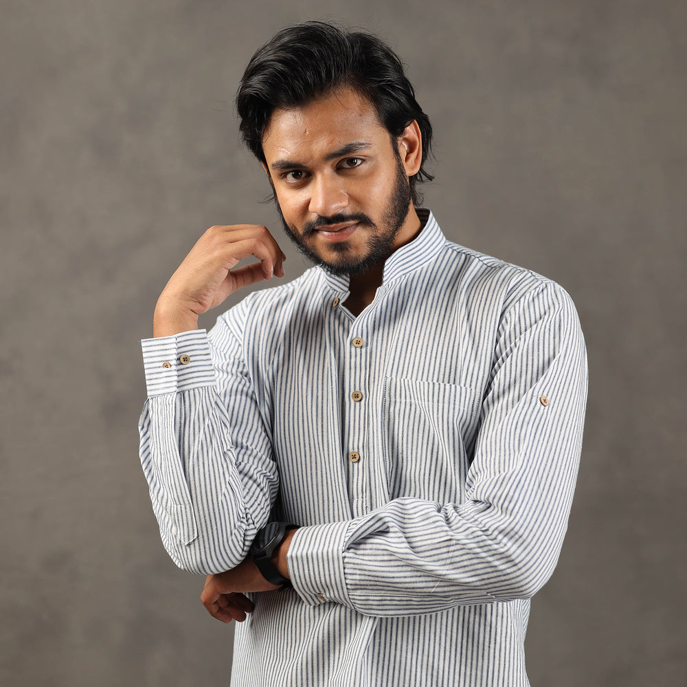 White & Blue - Handloom Cotton Stripe Men Short Kurta