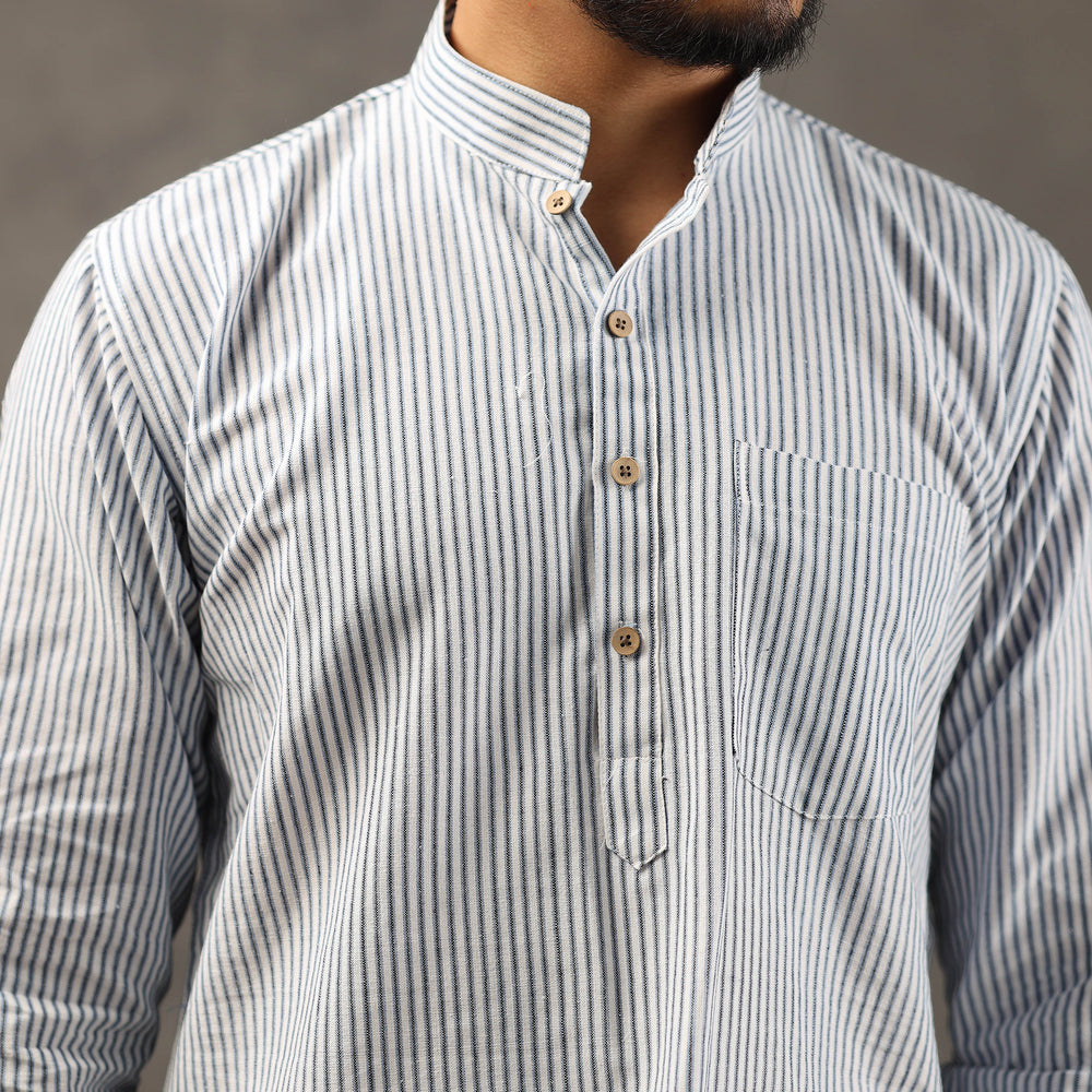 White & Blue - Handloom Cotton Stripe Men Short Kurta