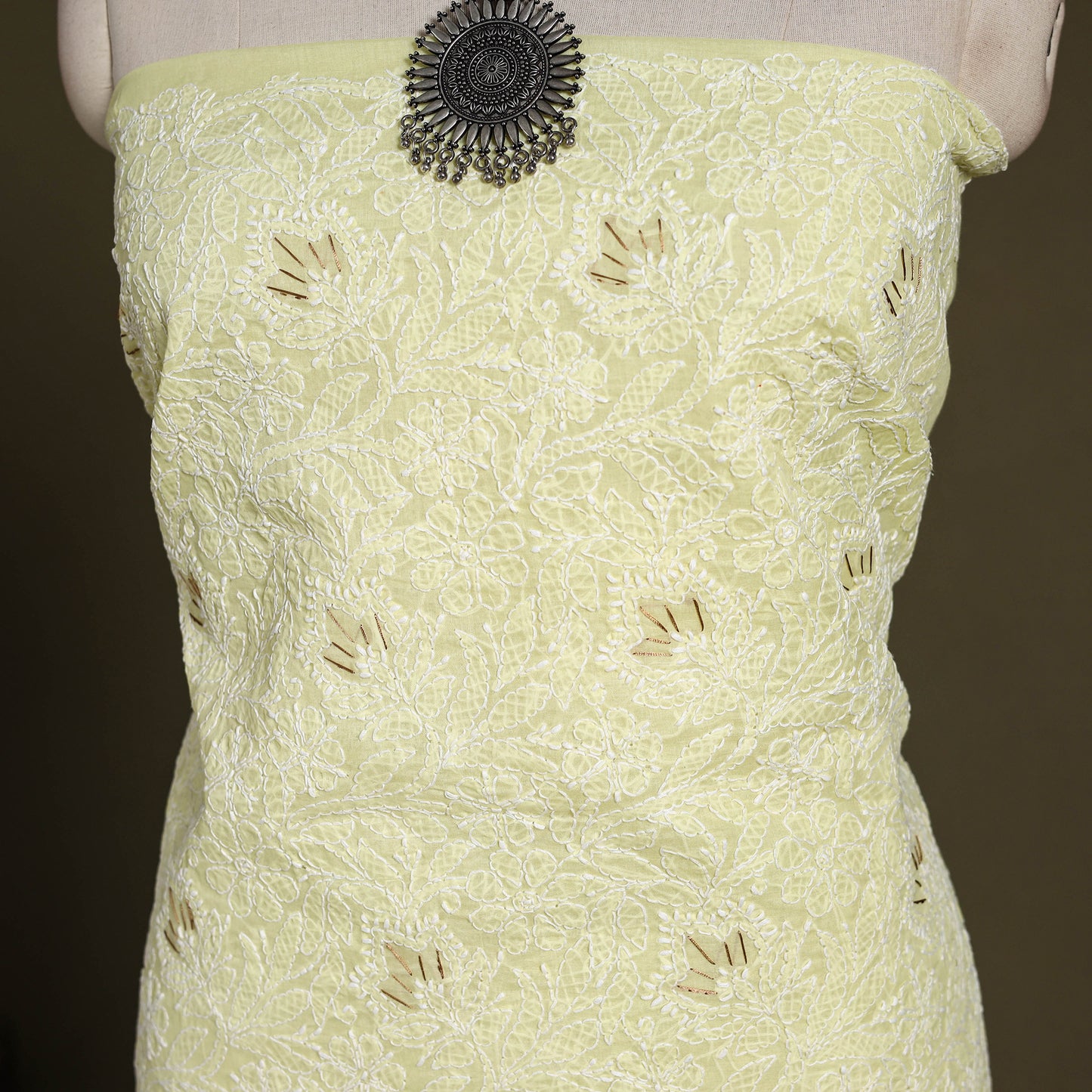 Yellow Chikankari with Parsi Style Embroidery Cotton Kurta Material
