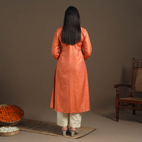 Orange Handloom Tussar Silk Cotton A-Line Plain Kurta
