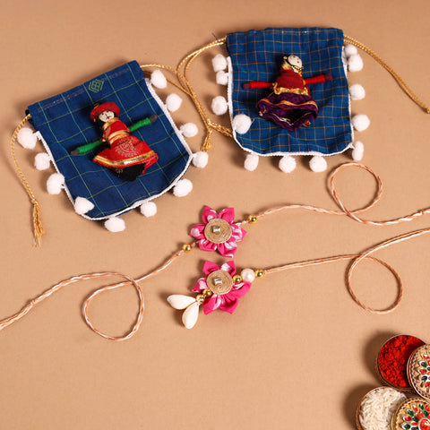  Handmade Fabric Flower Jute Rakhi & Lumba Set 