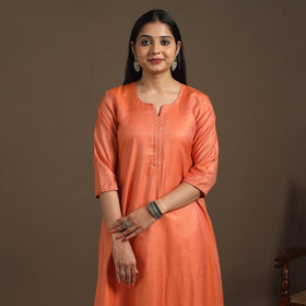 Orange Handloom Tussar Silk Cotton A-Line Plain Kurta