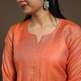 Orange Handloom Tussar Silk Cotton A-Line Plain Kurta