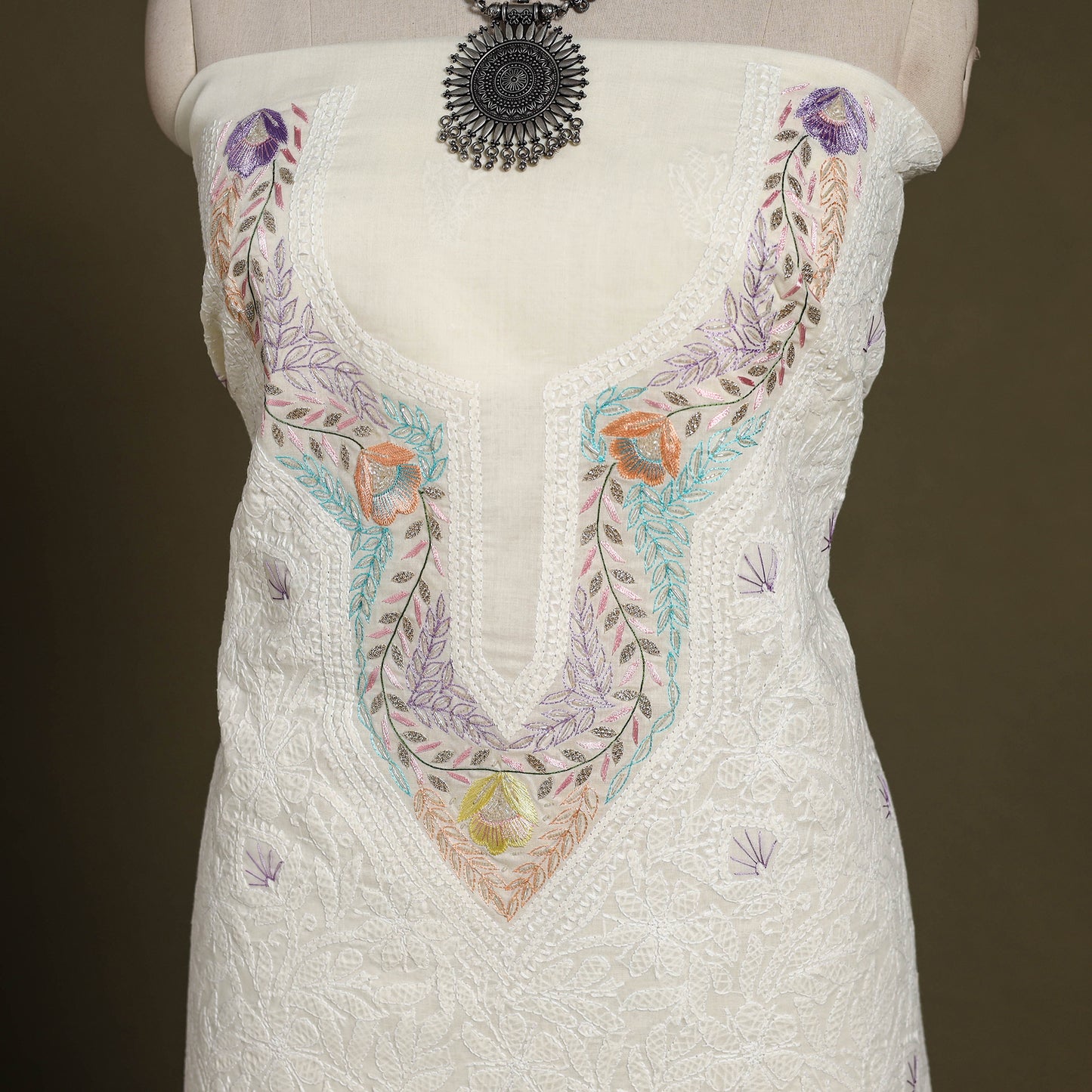 Chikankari with Parsi Style Embroidery Cotton Kurta Material