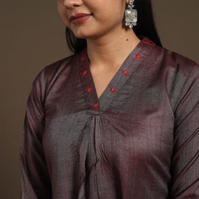 Brown Tussar Silk Cotton Kurta with Fine Hand Embroidery