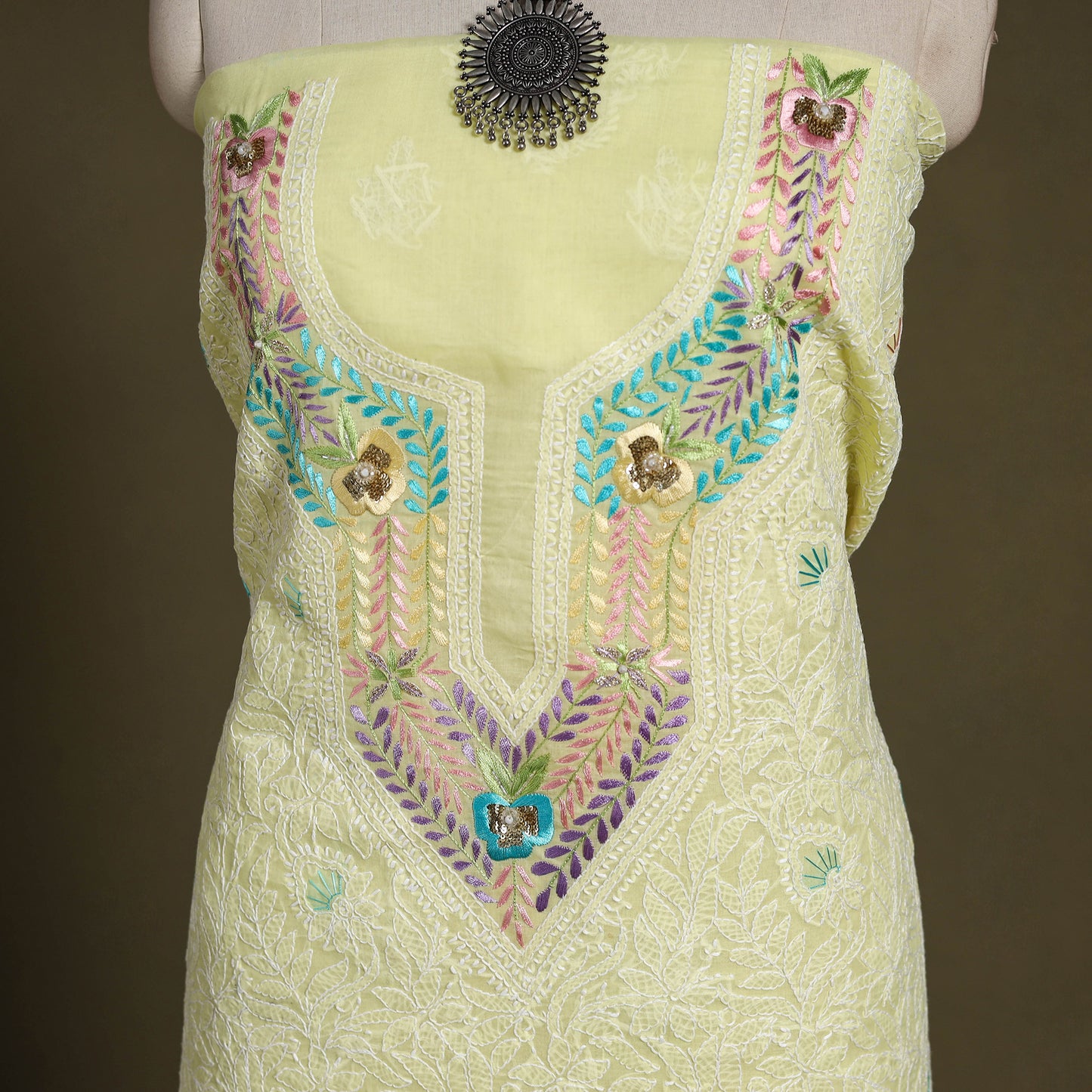 Chikankari with Parsi Style Embroidery Cotton Kurta Material