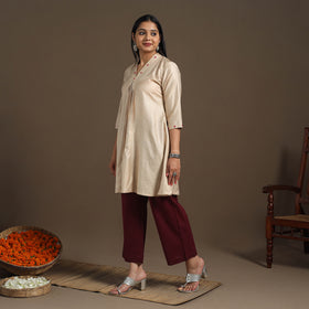 Beige Tussar Silk Cotton Kurta with Fine Hand Embroidery