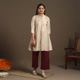 Beige Tussar Silk Cotton Kurta with Fine Hand Embroidery