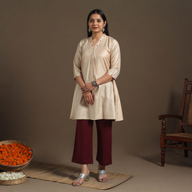 Beige Tussar Silk Cotton Kurta with Fine Hand Embroidery