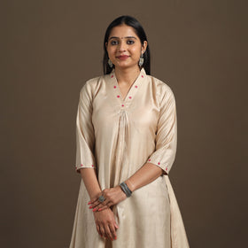 Beige Tussar Silk Cotton Kurta with Fine Hand Embroidery