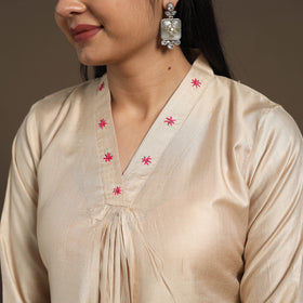 Beige Tussar Silk Cotton Kurta with Fine Hand Embroidery
