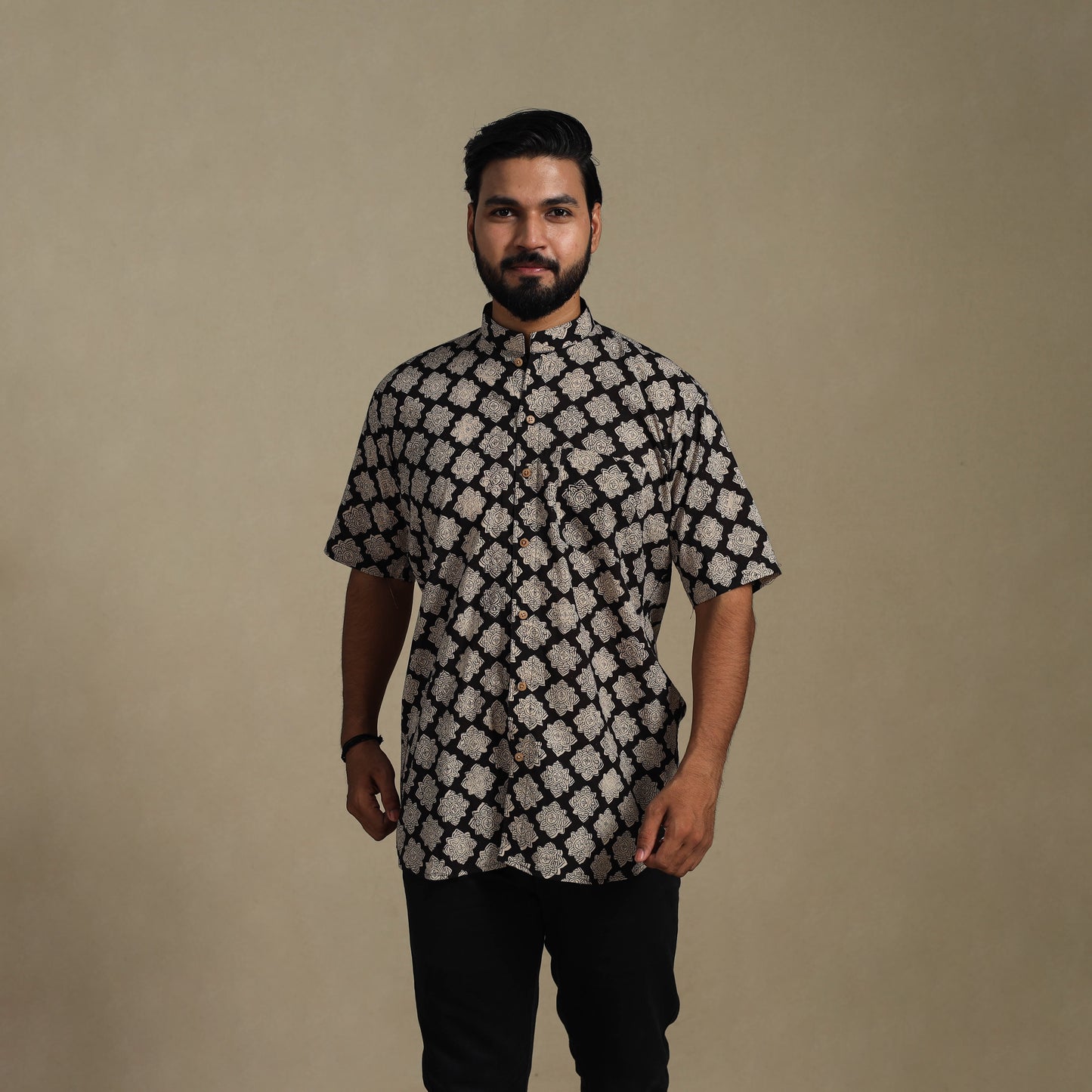Balck Natural Dyed Block Print Cotton Men Half Sleeve Bagru Shirt