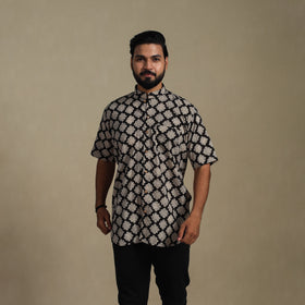 Balck Natural Dyed Block Print Cotton Men Half Sleeve Bagru Shirt