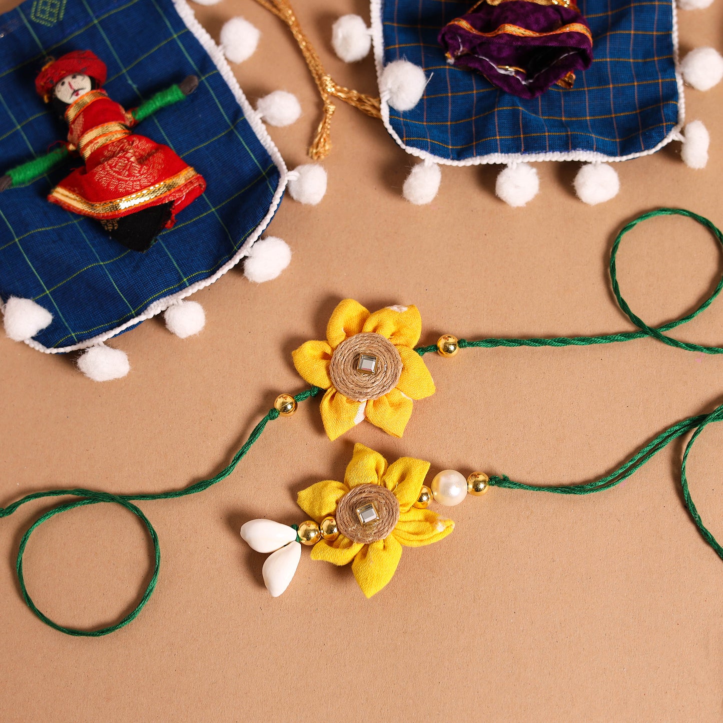  Handmade Fabric Flower Jute Rakhi & Lumba Set 