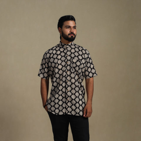 Balck Natural Dyed Block Print Cotton Men Half Sleeve Bagru Shirt