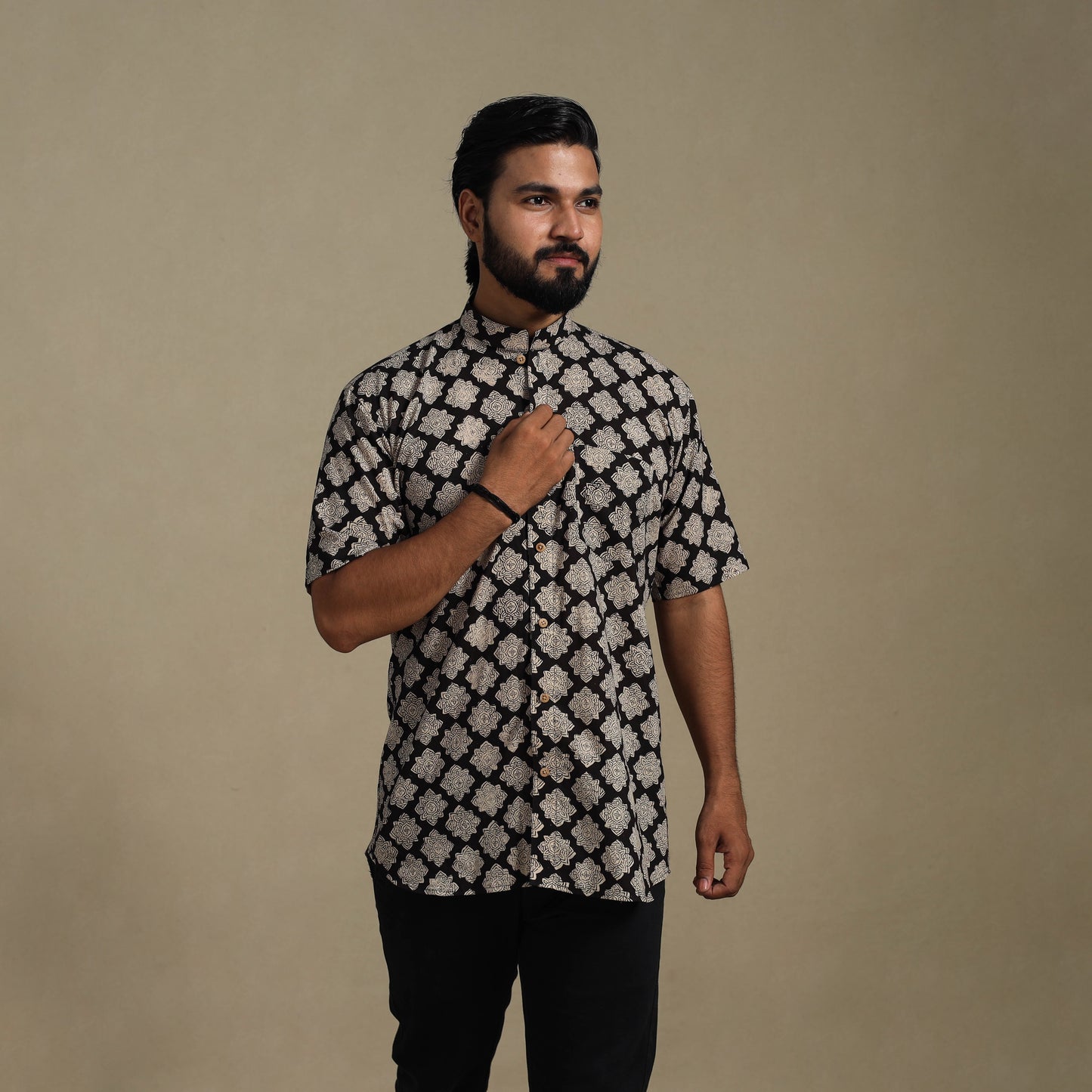 Balck Natural Dyed Block Print Cotton Men Half Sleeve Bagru Shirt