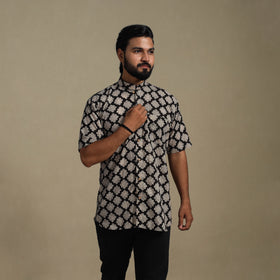 Balck Natural Dyed Block Print Cotton Men Half Sleeve Bagru Shirt