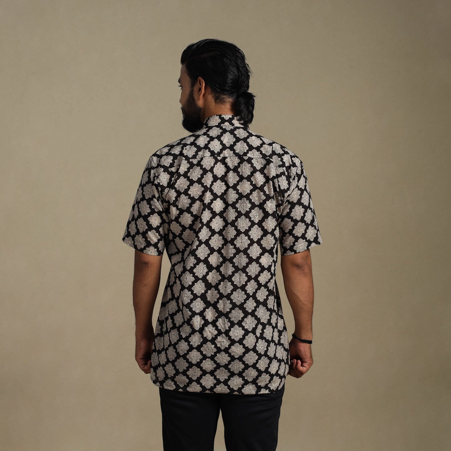 Balck Natural Dyed Block Print Cotton Men Half Sleeve Bagru Shirt