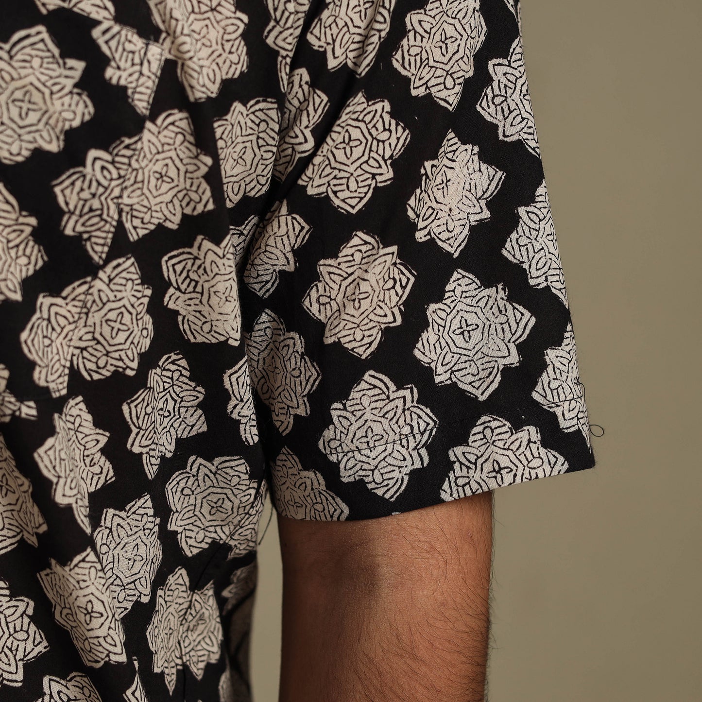 Balck Natural Dyed Block Print Cotton Men Half Sleeve Bagru Shirt