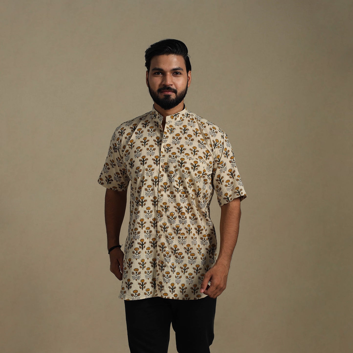 Beige - Natural Dyed Block Print Cotton Men Half Sleeve Bagru Shirt 03