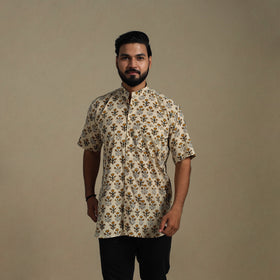 Beige - Natural Dyed Block Print Cotton Men Half Sleeve Bagru Shirt 03