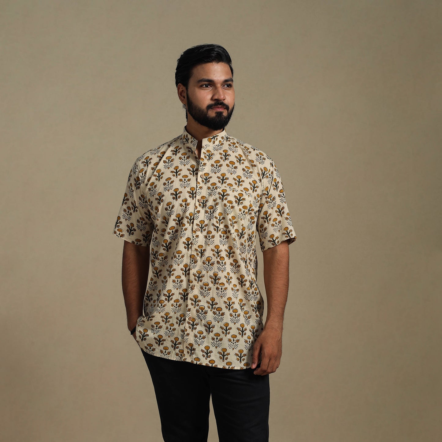 Beige - Natural Dyed Block Print Cotton Men Half Sleeve Bagru Shirt 03