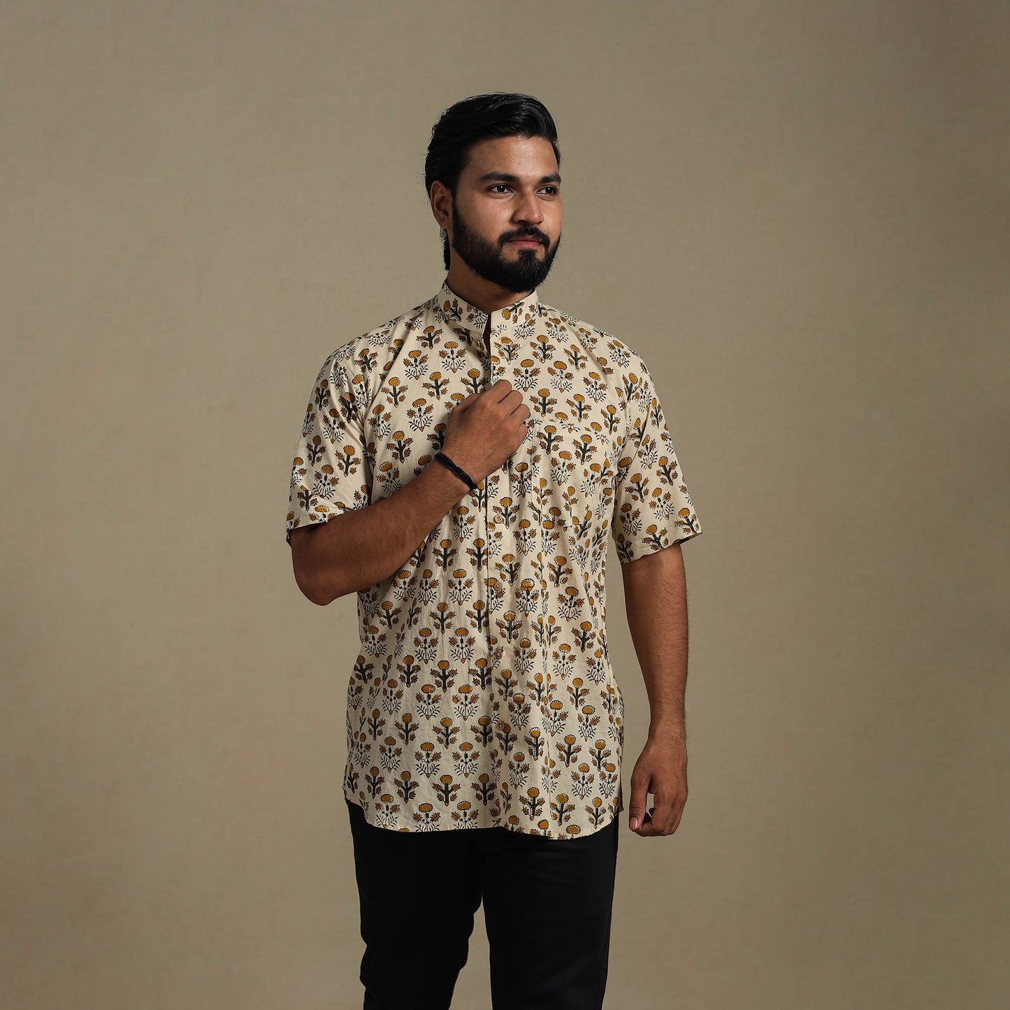 Beige - Natural Dyed Block Print Cotton Men Half Sleeve Bagru Shirt 03