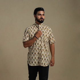 Beige - Natural Dyed Block Print Cotton Men Half Sleeve Bagru Shirt 03