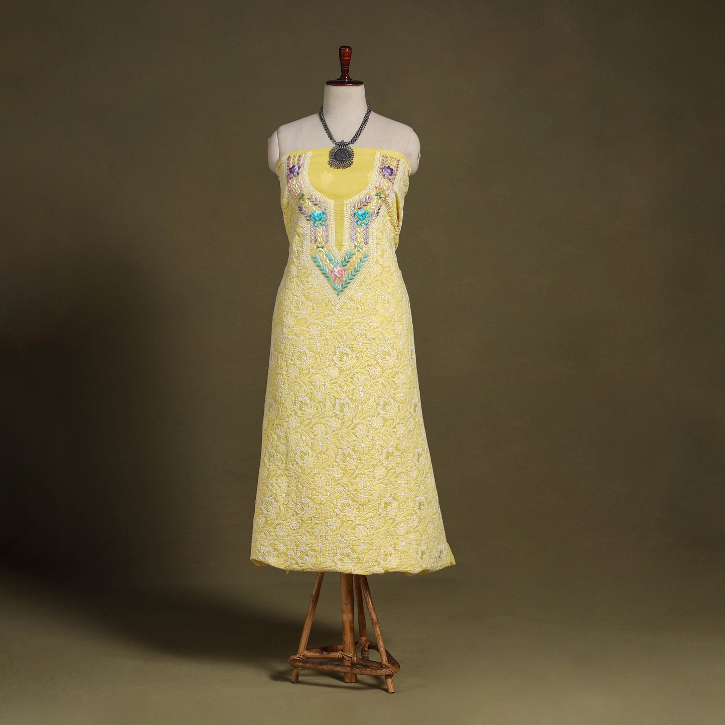 Yellow Chikankari with Parsi Style Embroidery Cotton Kurta Material