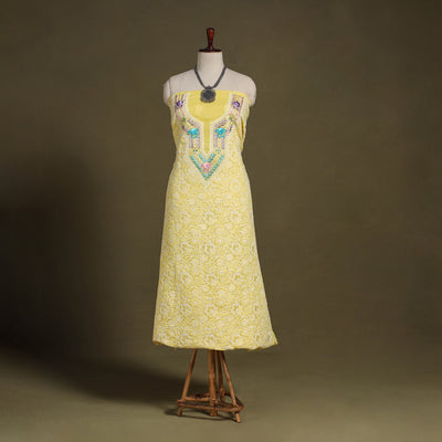 Yellow Chikankari with Parsi Style Embroidery Cotton Kurta Material
