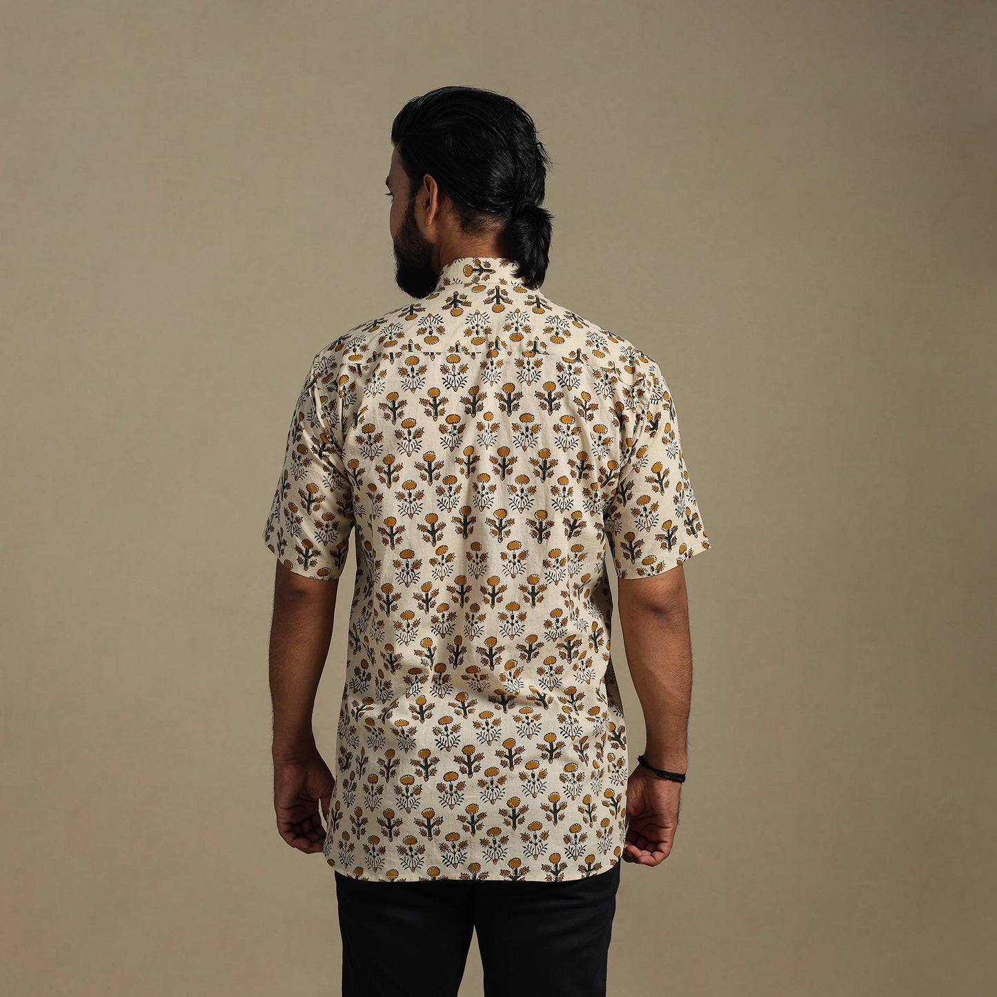 Beige - Natural Dyed Block Print Cotton Men Half Sleeve Bagru Shirt 03
