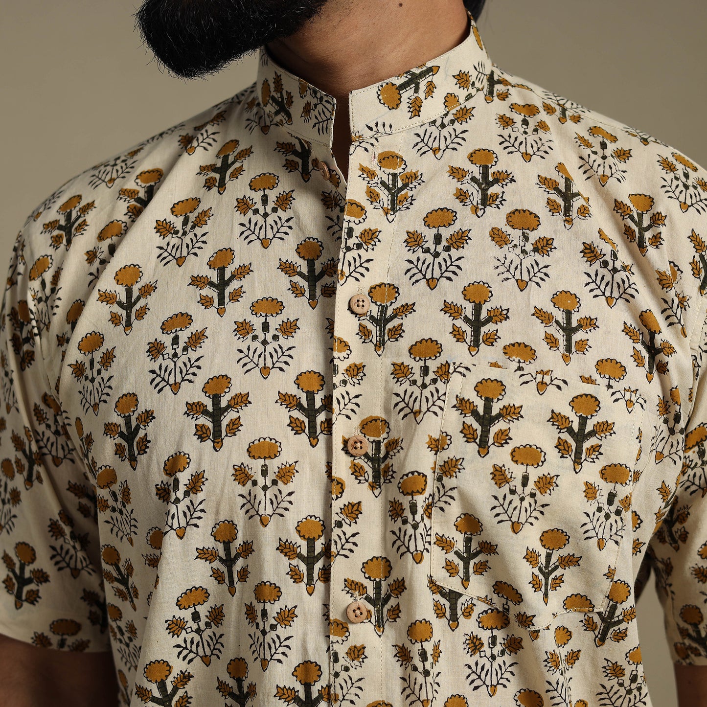 Beige - Natural Dyed Block Print Cotton Men Half Sleeve Bagru Shirt 03