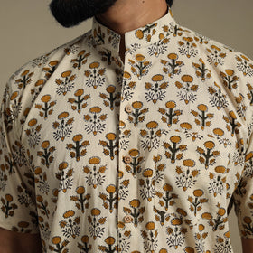 Beige - Natural Dyed Block Print Cotton Men Half Sleeve Bagru Shirt 03