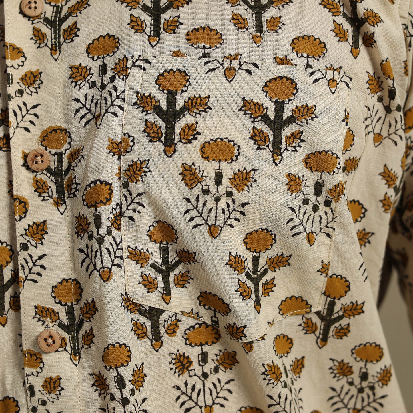 Beige - Natural Dyed Block Print Cotton Men Half Sleeve Bagru Shirt 03