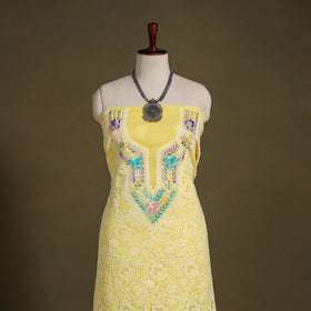 Yellow Chikankari with Parsi Style Embroidery Cotton Kurta Material
