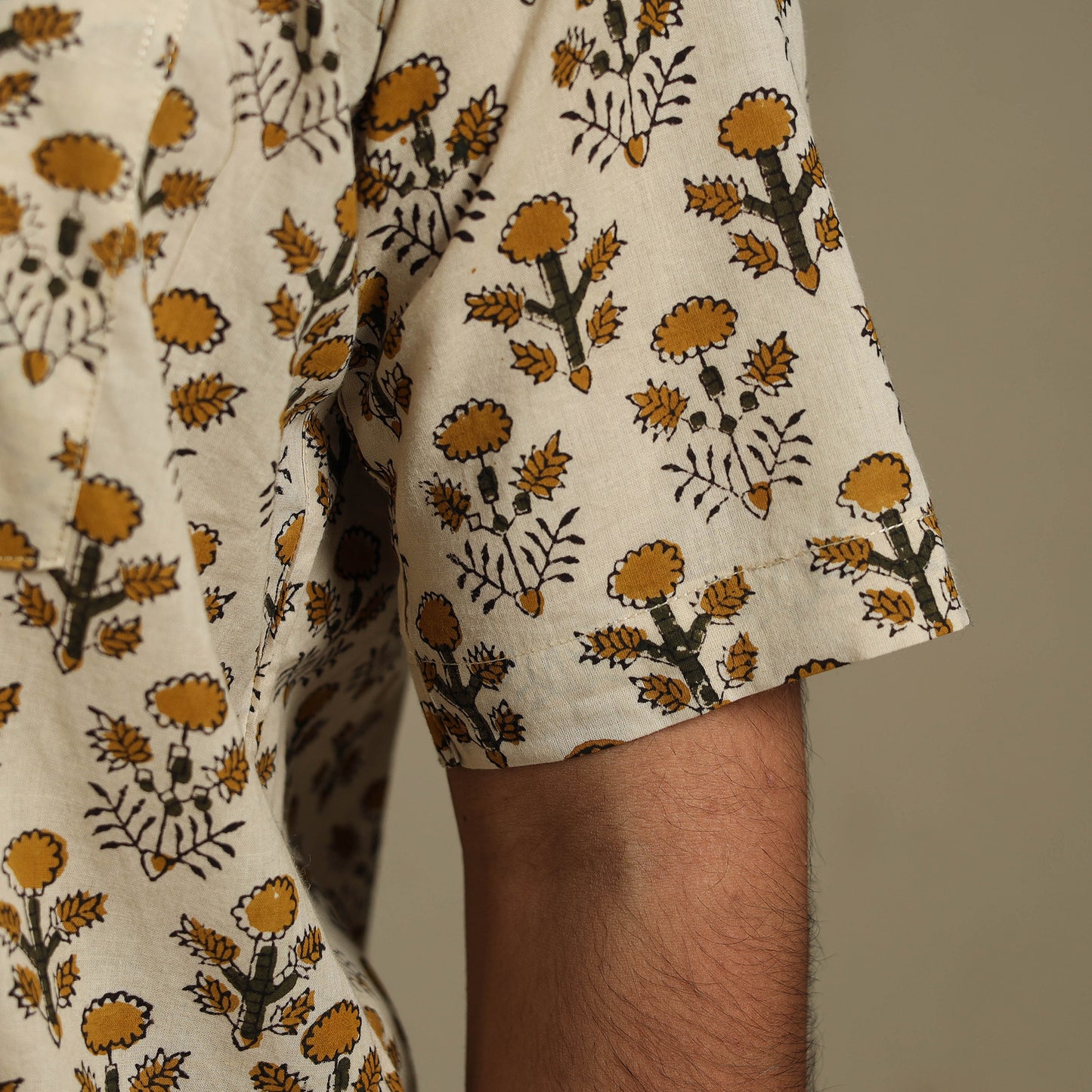 Beige - Natural Dyed Block Print Cotton Men Half Sleeve Bagru Shirt 03