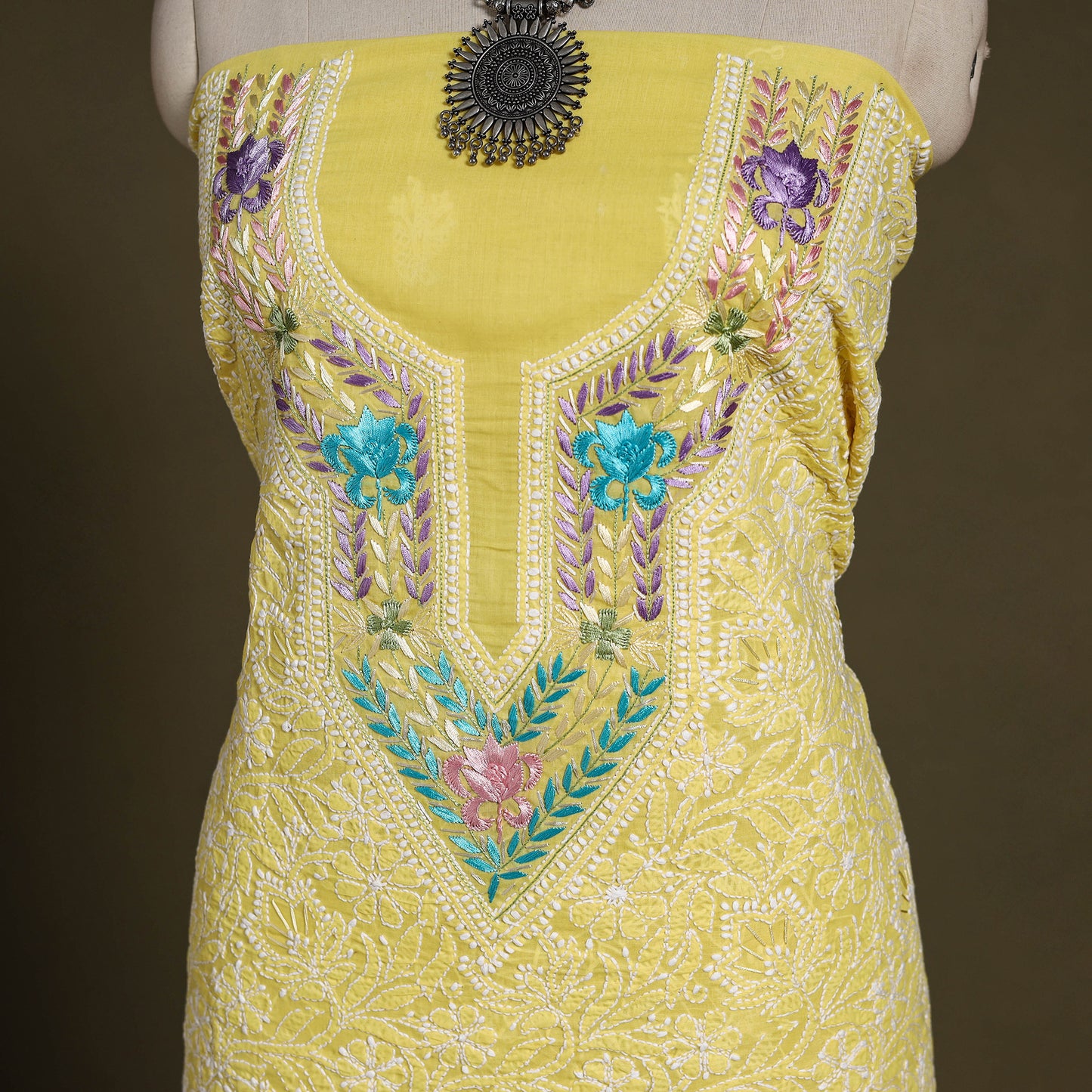 Yellow Chikankari with Parsi Style Embroidery Cotton Kurta Material