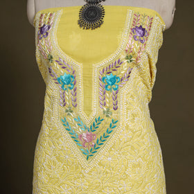 Yellow Chikankari with Parsi Style Embroidery Cotton Kurta Material
